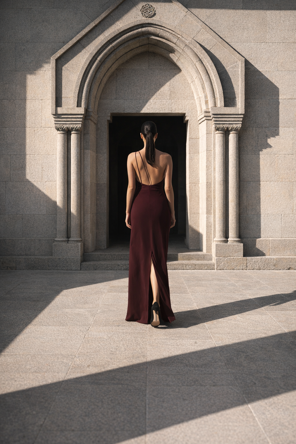 Burgundy Dress Featuring Asymmetrical Pleats