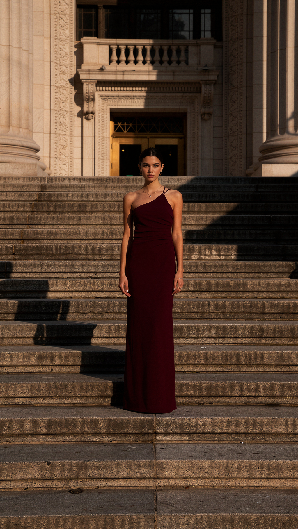 Burgundy Dress Featuring Asymmetrical Pleats