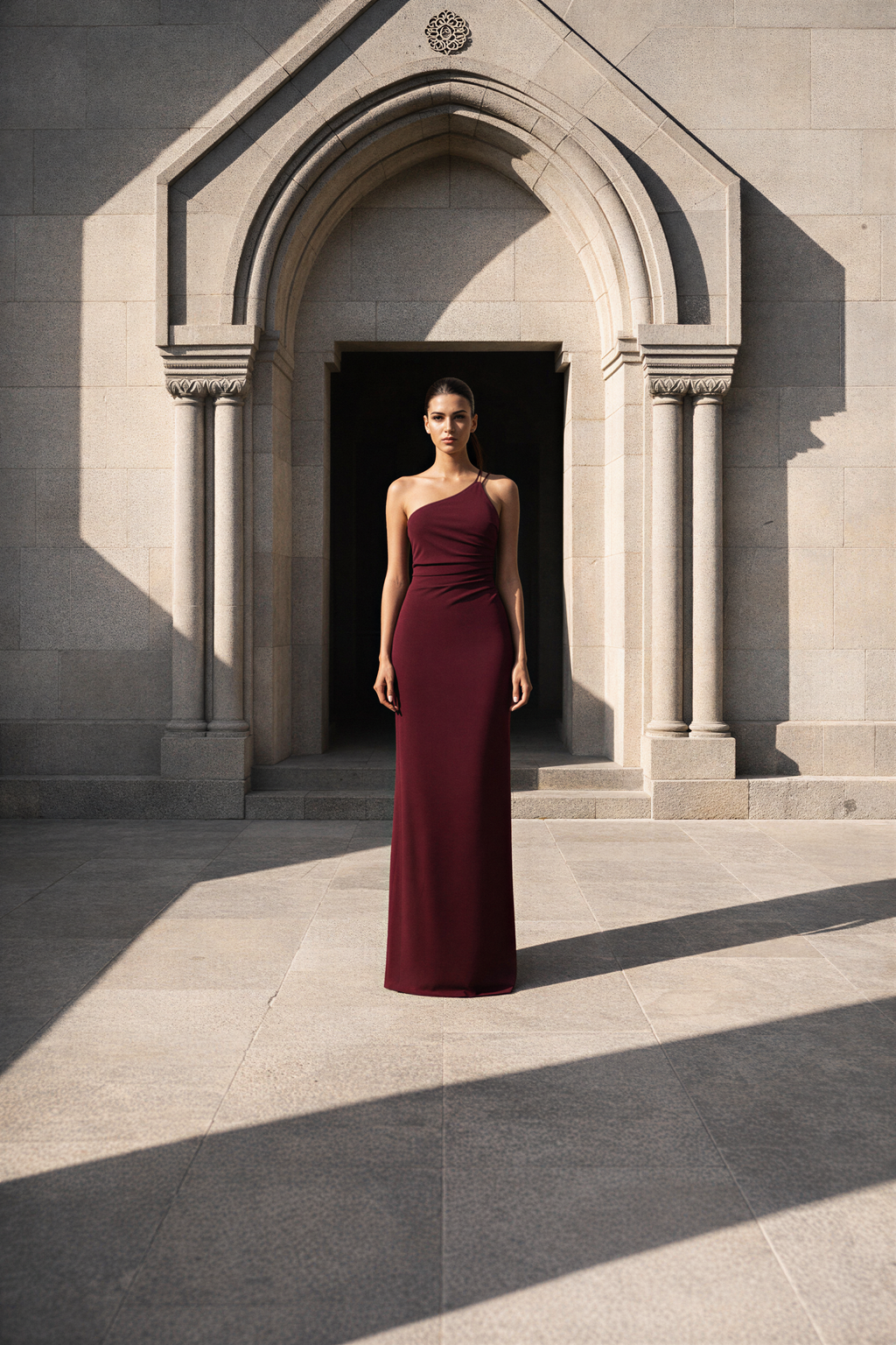 Burgundy Dress Featuring Asymmetrical Pleats