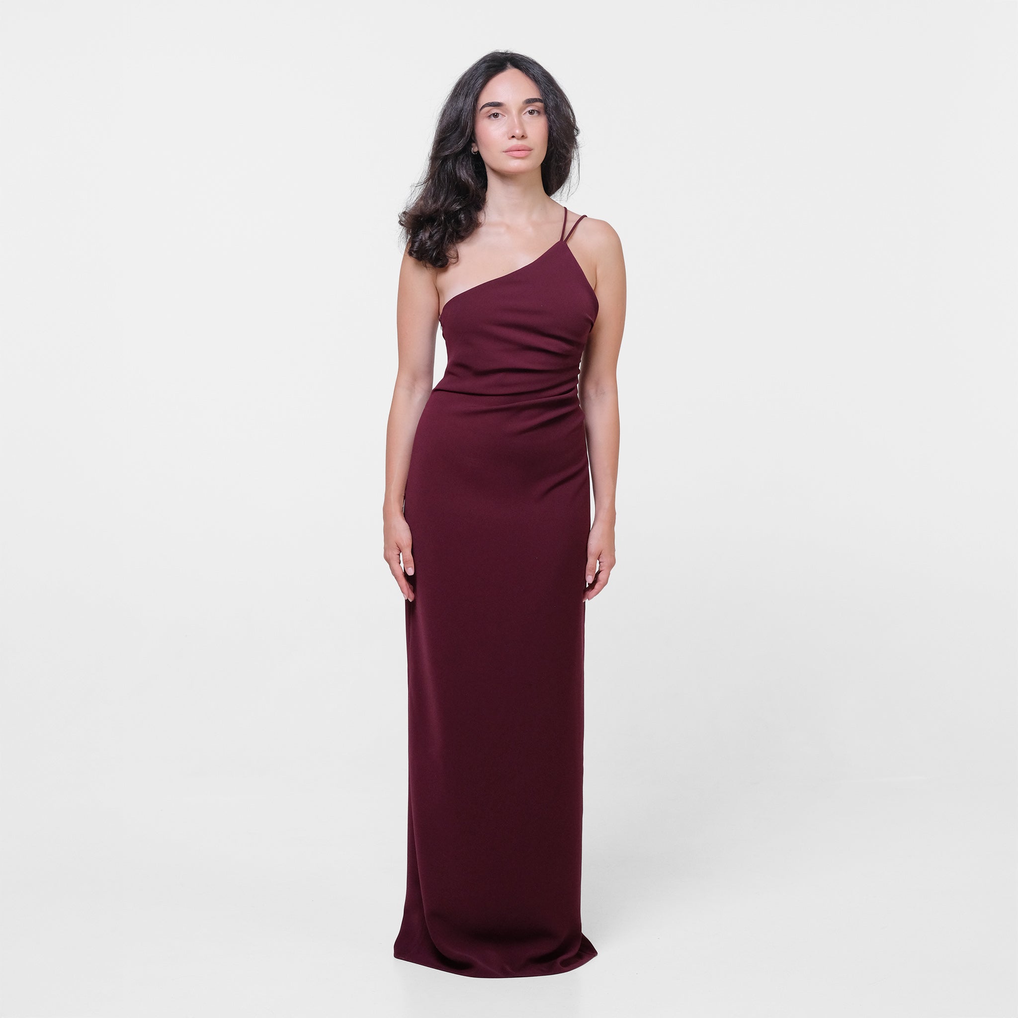 Burgundy Dress Featuring Asymmetrical Pleats